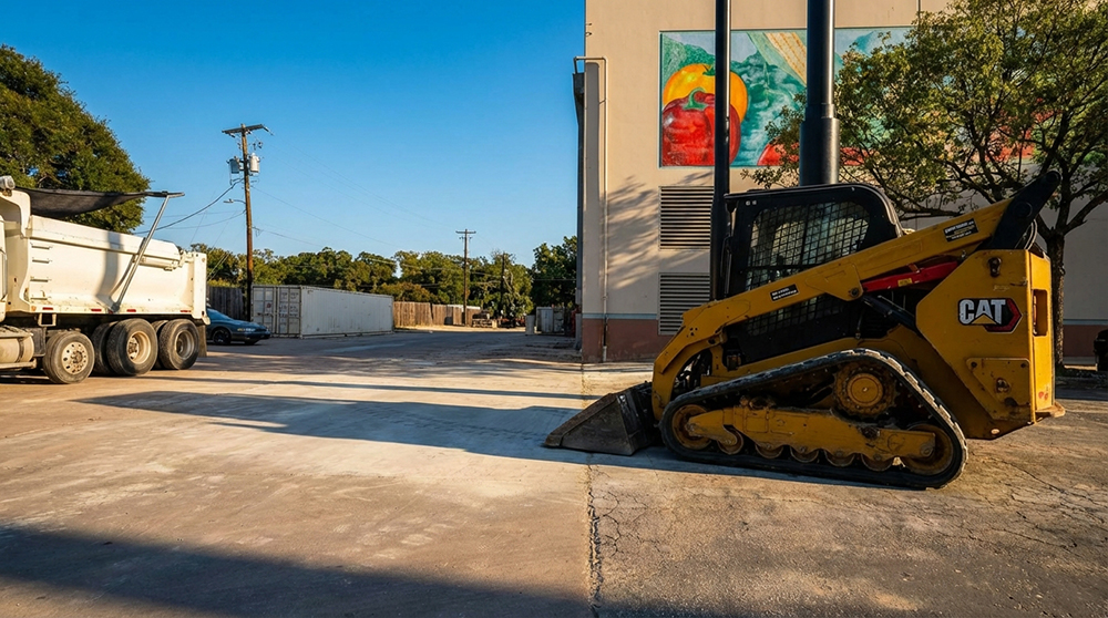 Skid steer performing concrete slab site preparation